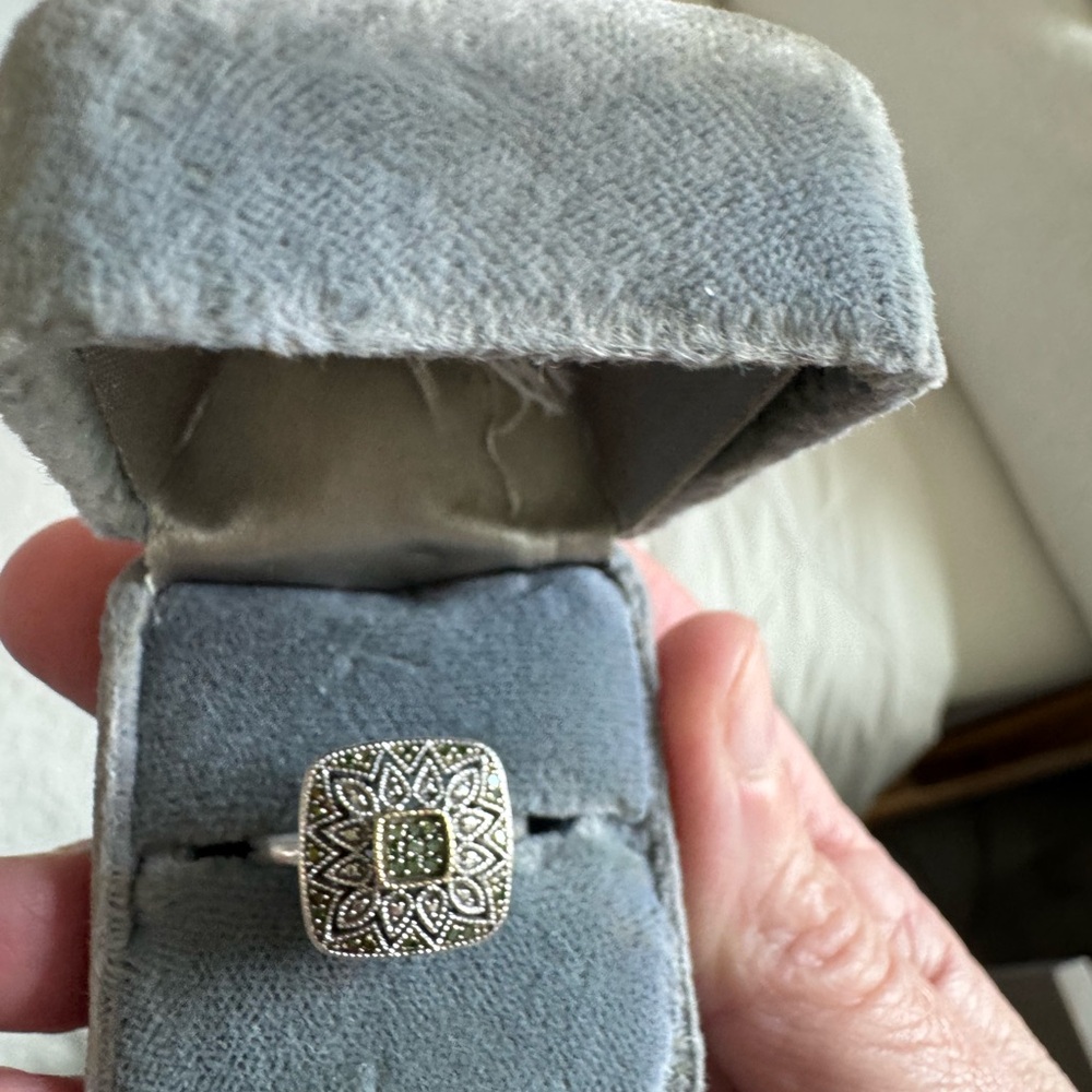 Elegant Square Face Sterling / 14K green Diamond Ring